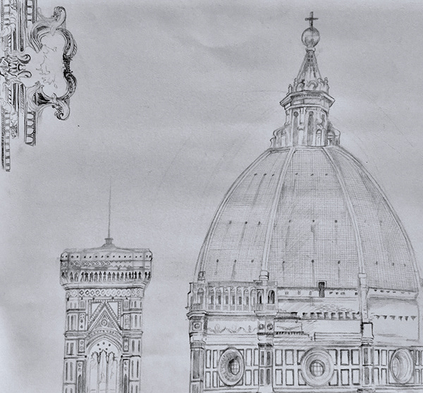 Pencil Drawing of Duomo featuring ornamentation.