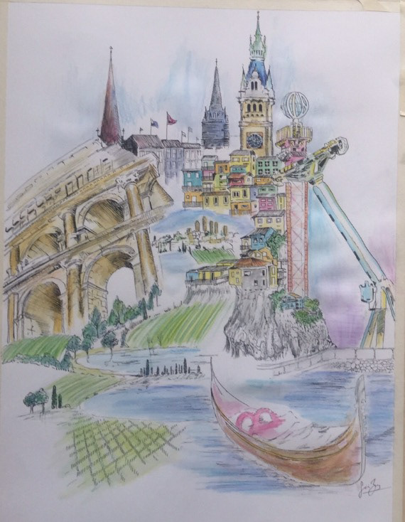 Incorporating elements of the Roman Colosseum, Salerno, San Gimignano, Gondolas of Venice, and the skyline of Hamburg, Germany.