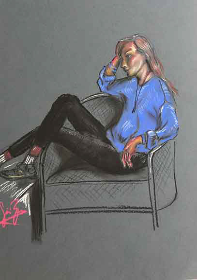 A pastel portrait of another classmate in blue and black.