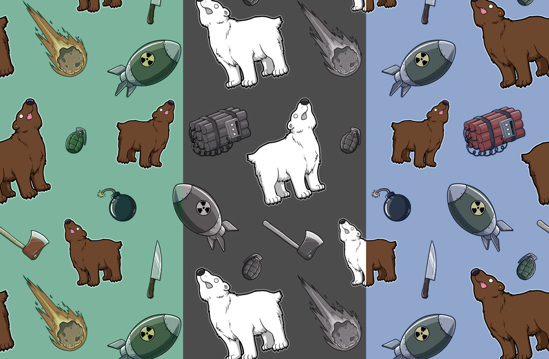 3 colours of Dumb Bear textile pattern designs