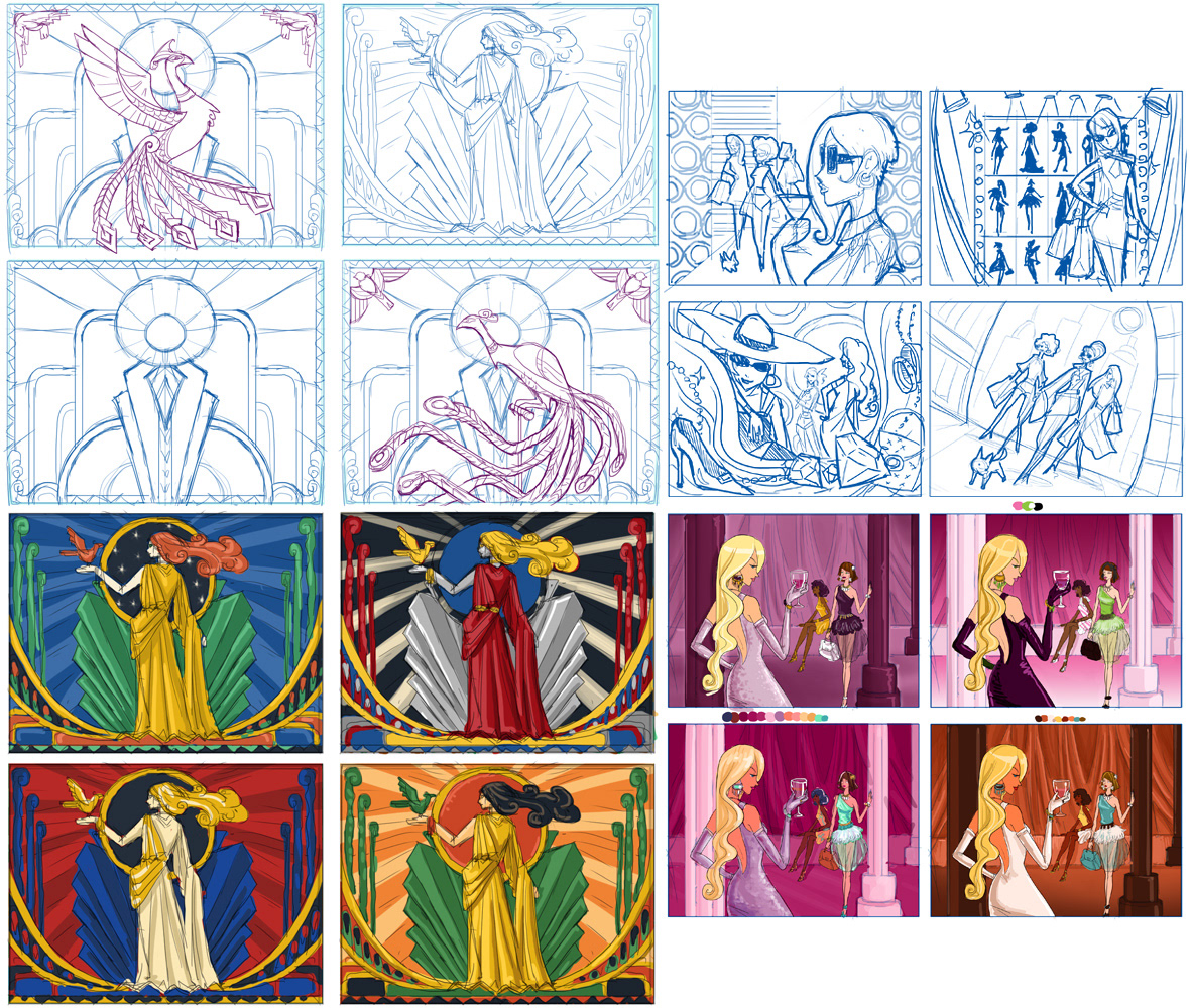 Sketch/color options for Art Deco and Fashionista themed illustrations for Bingo game