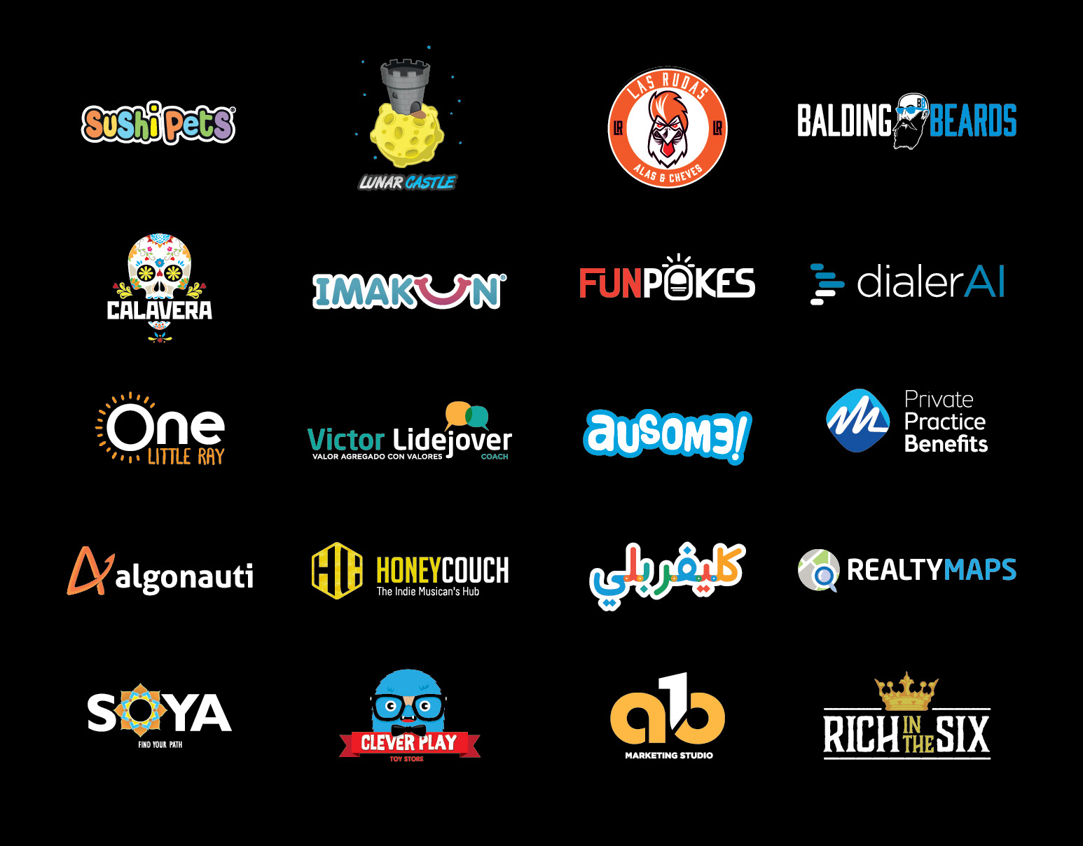 A showcase of various logotypes and visual identities, highlighting different branding projects with unique typography, color palettes, and design styles.