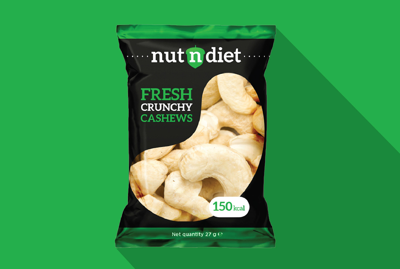 Packaging design for Nutndiet Fresh Crunchy Cashews, created for the Indian market.