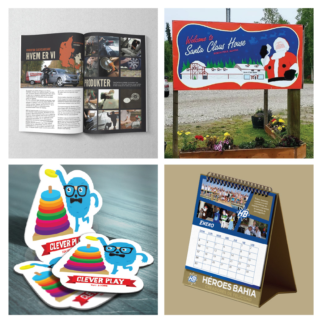 Various designs including a brochure for a car cleaning company, a poster for Santa Claus House, stickers, and calendars for Bahia Principe.