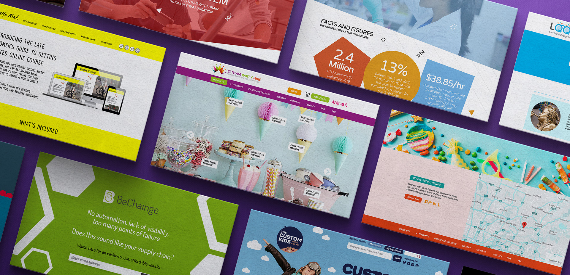 Various website designs created for clients in Bahrain, Australia, and the USA.