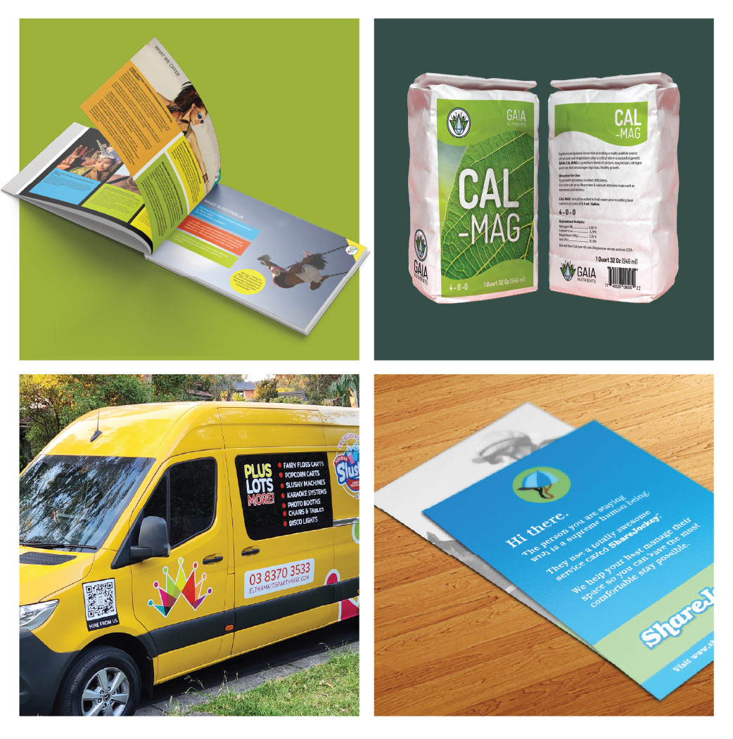 Four distinct print designs including catalogs, packaging, vehicle wraps, and flyers.
