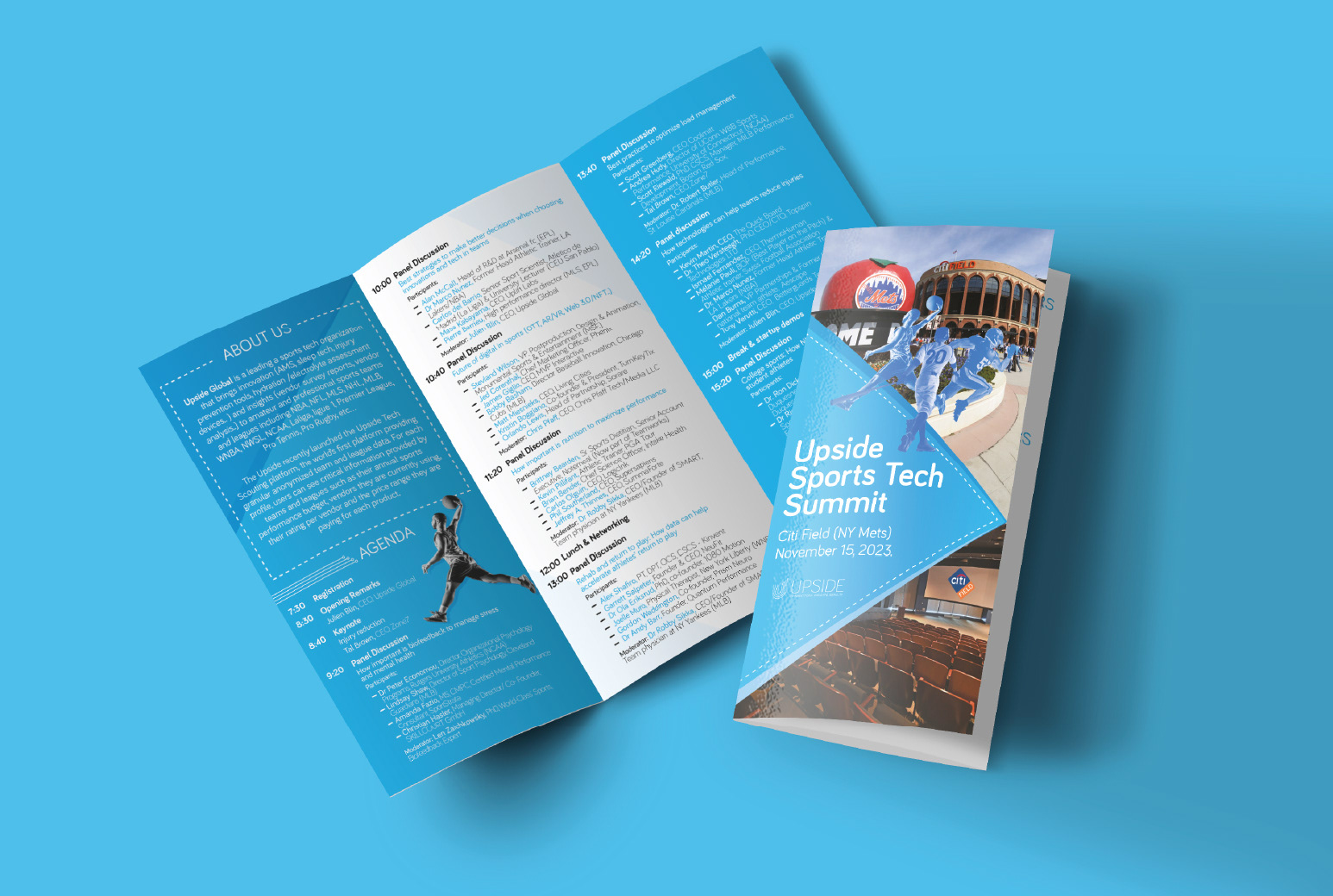 Brochure design for Upside Sports Tech Summit, an event focused on sports and technology in New York