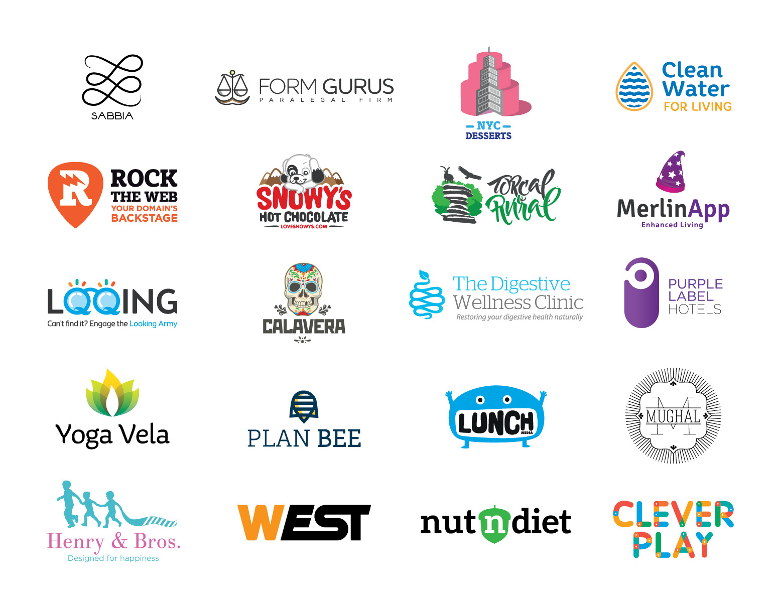 A showcase of various logotypes and visual identities, highlighting different branding projects with unique typography, color palettes, and design styles.