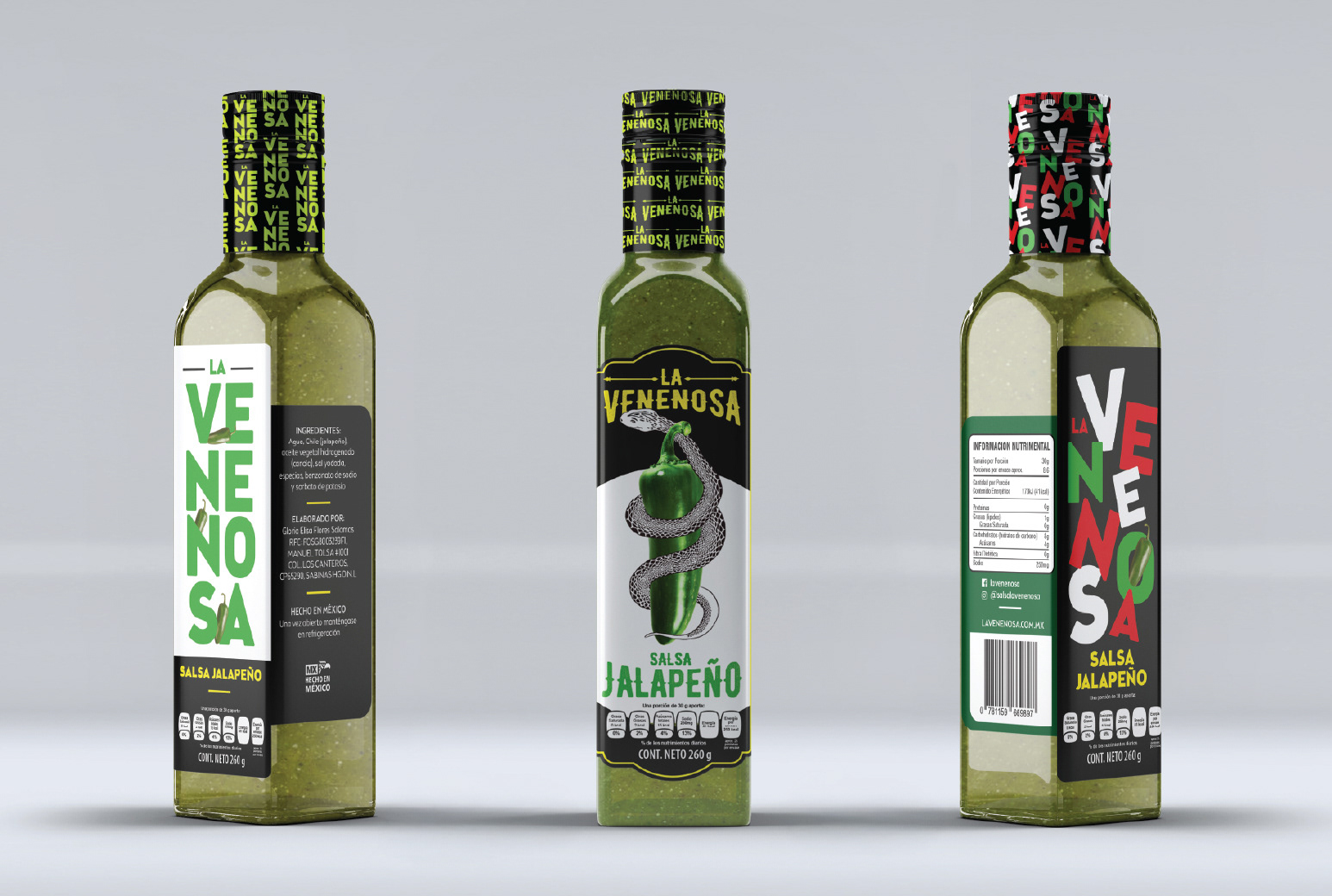 Label design for La Venenosa Jalapeño salsa, created for the Mexican market