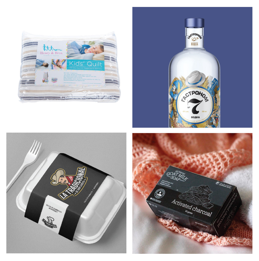 Label design for four products: children's blankets, vodka, take-away packaging, and natural soap, created for different markets.