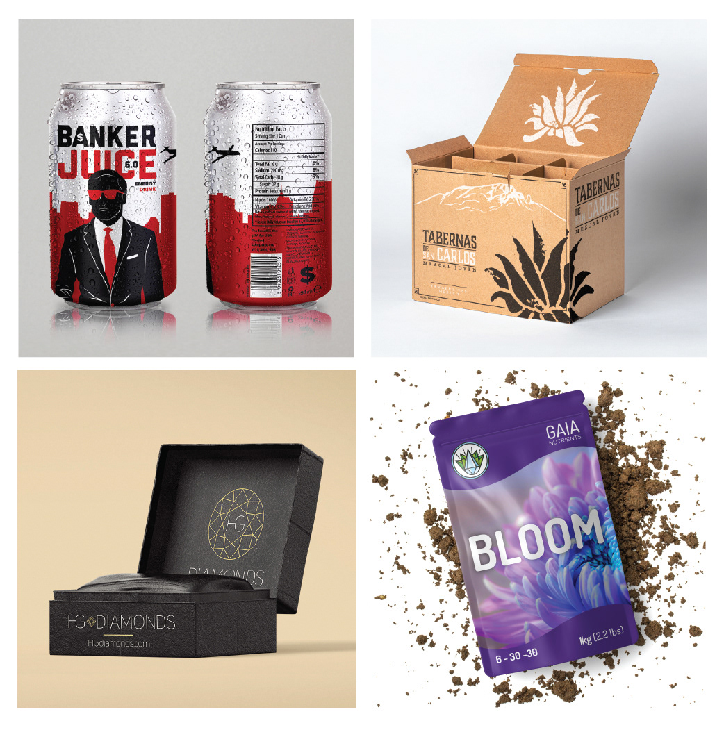 Label and packaging designs for an energy drink can, mezcal bottle, jewelry brand packaging, and plant products packaging for markets in the USA, Mexico, and Australia.