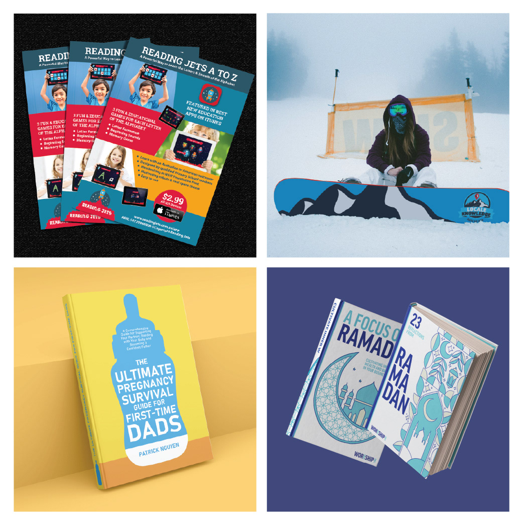 Four printed products including book covers, flyers, and skateboard printing designs.