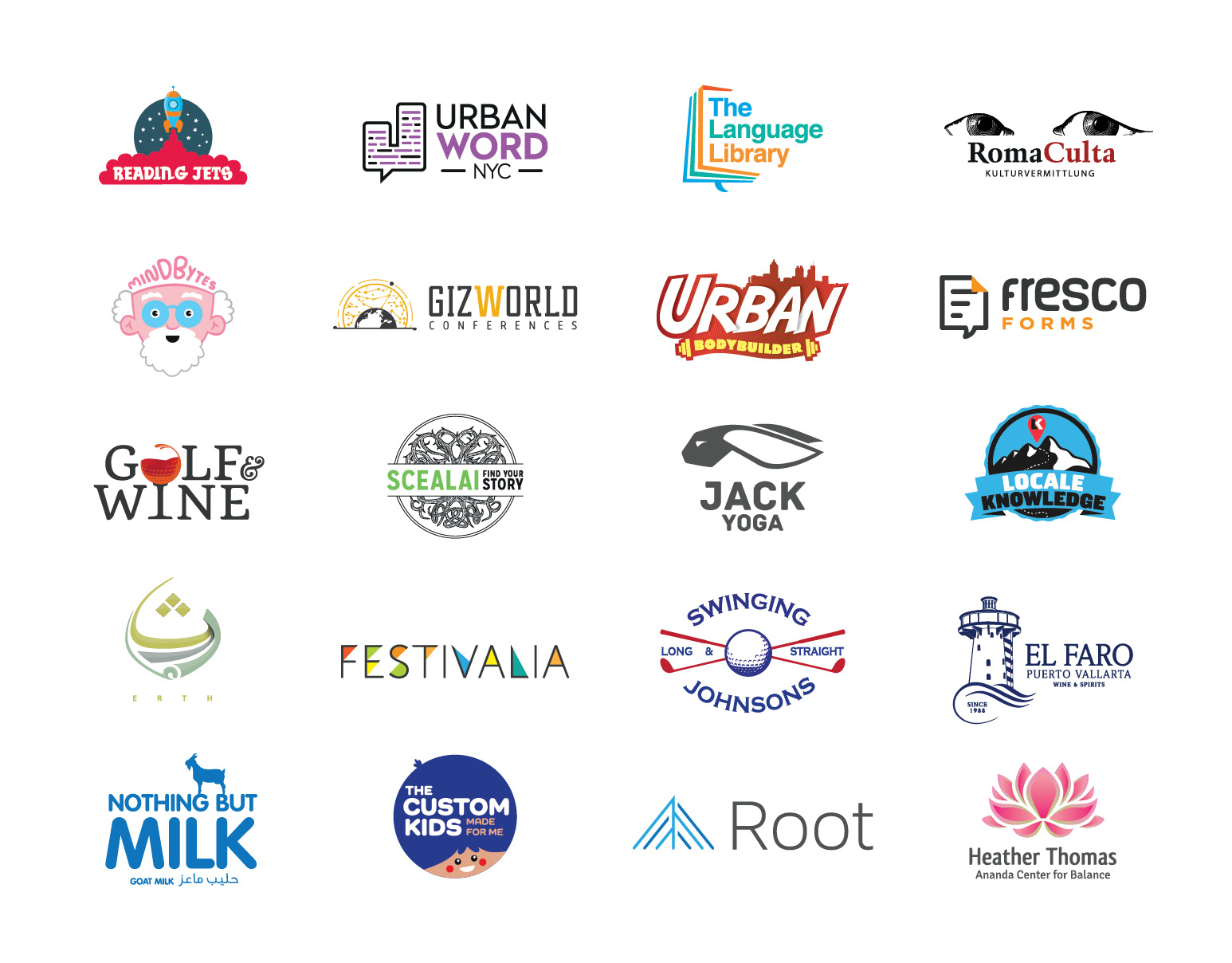 A showcase of various logotypes and visual identities, highlighting different branding projects with unique typography, color palettes, and design styles.