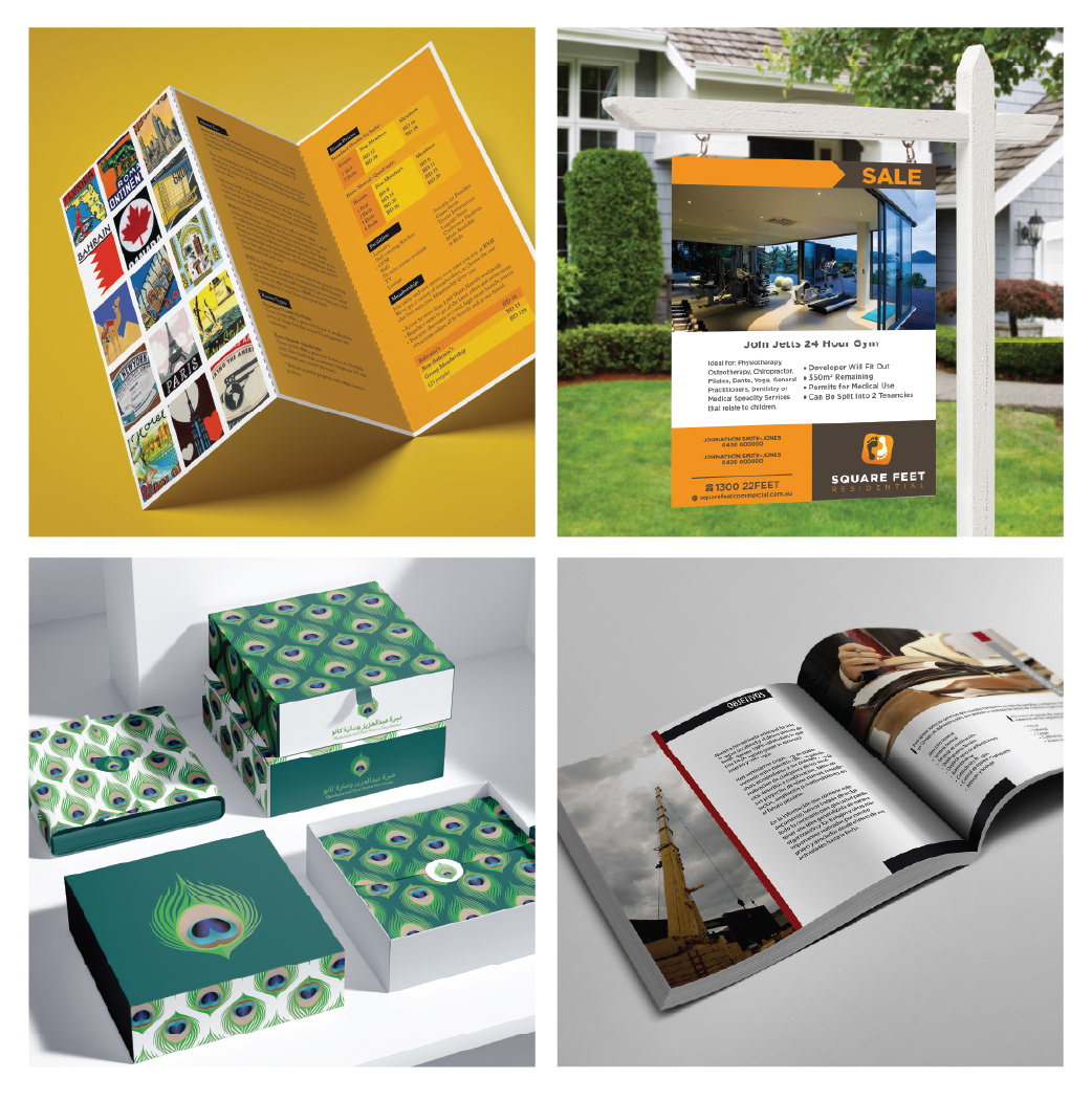 Various print design projects for markets in Bahrain, Australia, and Mexico.