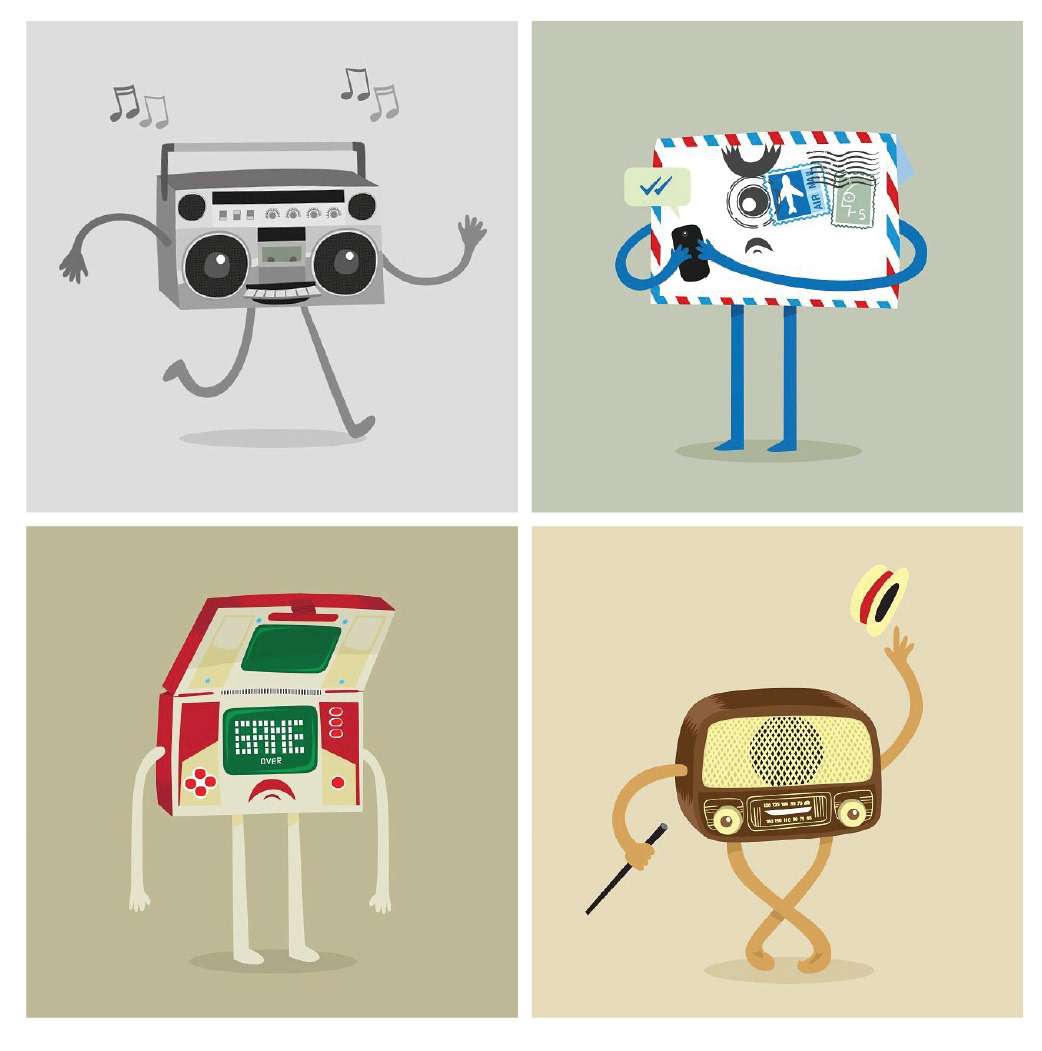 Set of vector illustrations depicting vintage objects in playful shapes
