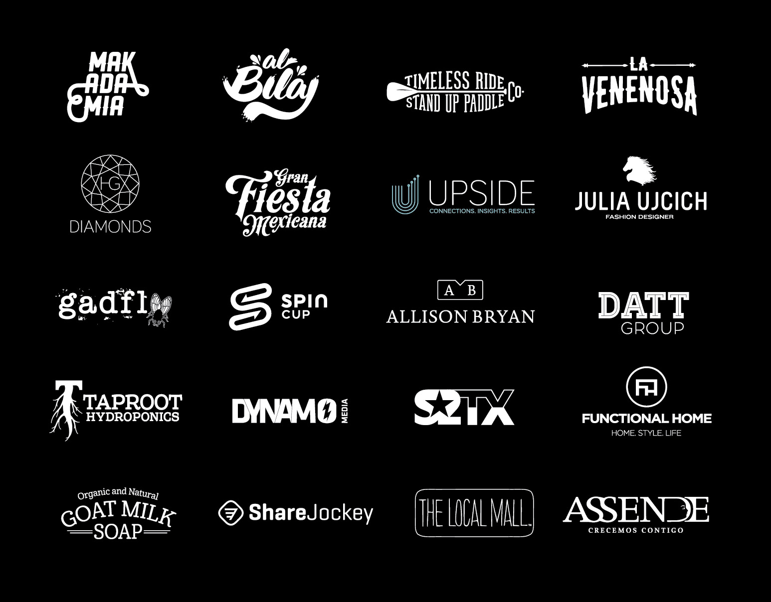 A showcase of various logotypes and visual identities, highlighting different branding projects with unique typography, color palettes, and design styles.