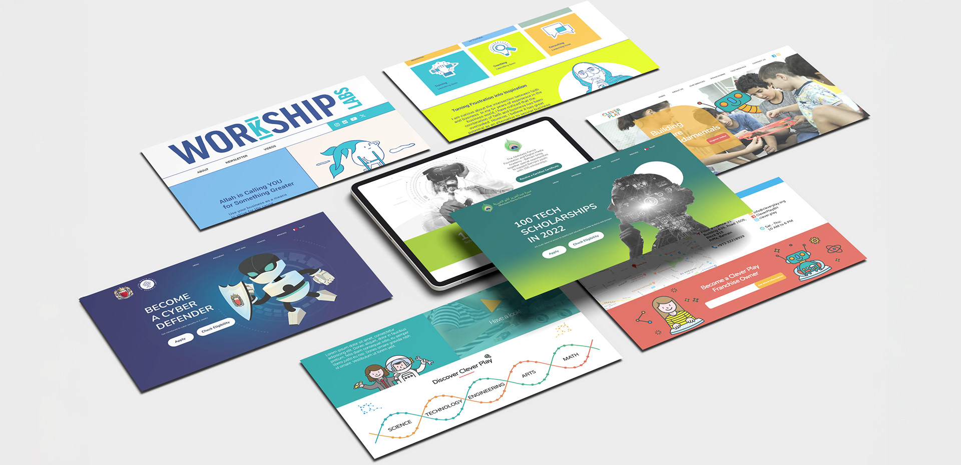 Collage of various website designs for technology and educational companies.