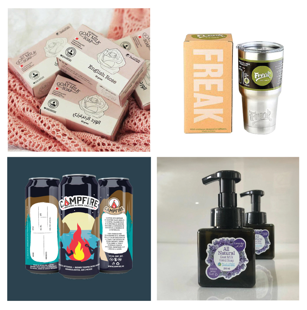 Packaging and label designs including four natural soap labels, a beer can design for Mexico, and a sushi packaging for Sushi Freak in the USA