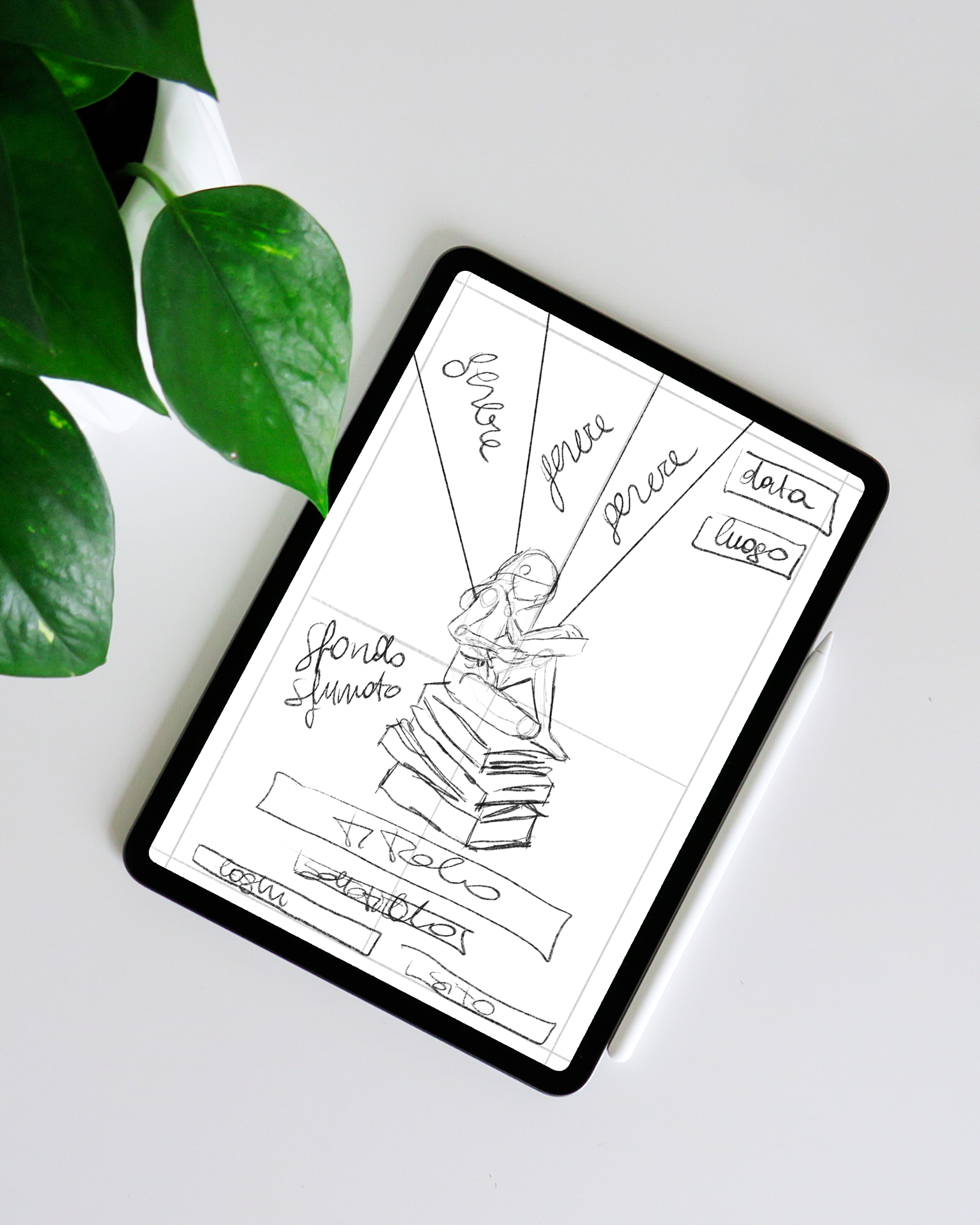 Bozza su Procreate — figura sulla pila di libri con i generi letterari che si irradiano come raggi.