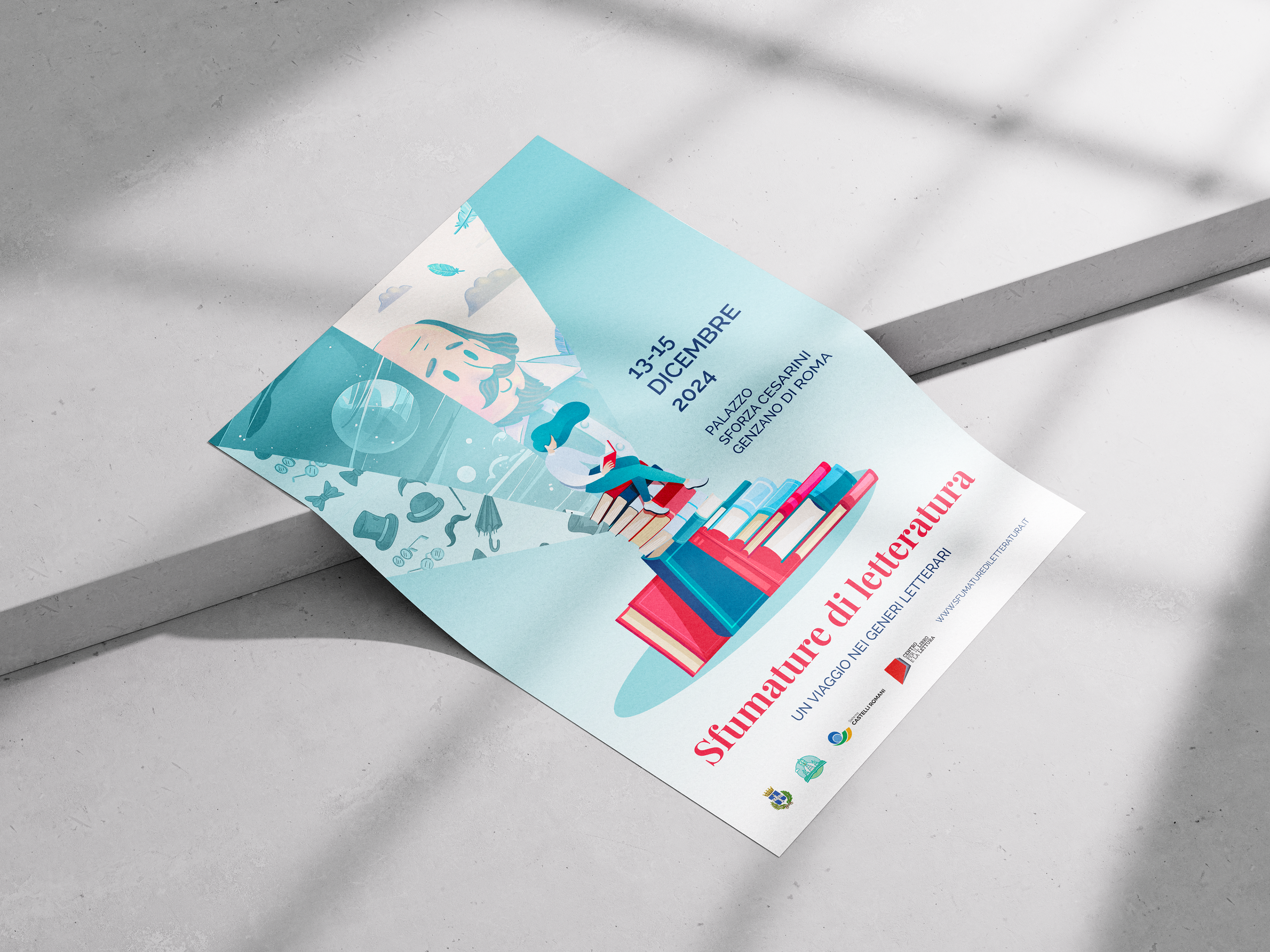 Applicazione su carta — luce naturale e ombre geometriche esaltano la palette azzurra del festival.