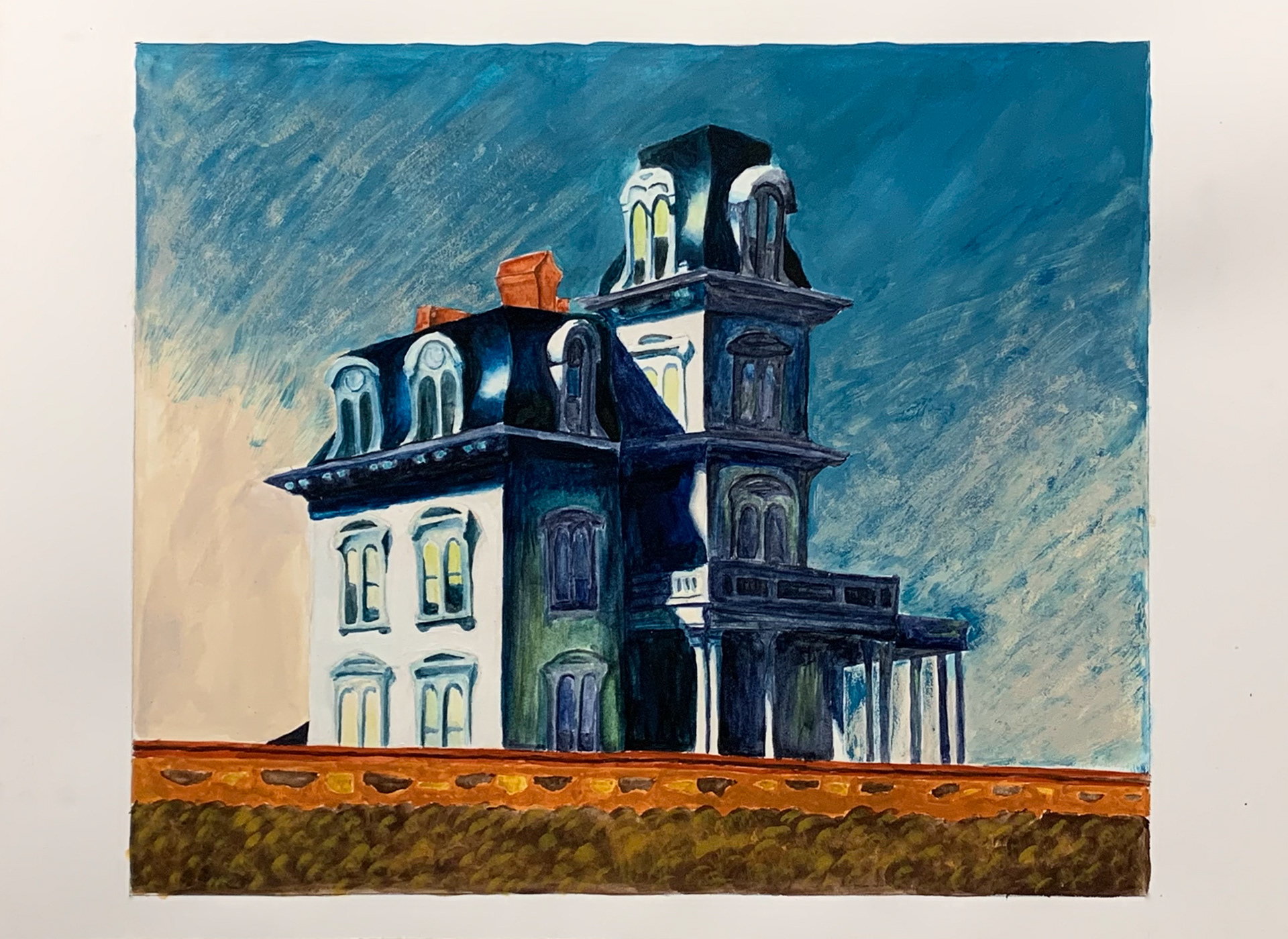 Study of Edward Hoppers, House by the Railroad, Gouache. 2021