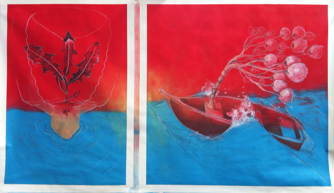 Red and Blue 3 by 5 foot drawing by Nicholas Dertien, the depict drawing is split to create on portrait and one square section. The right side portrait depicts a thin white line outlining ribs and neck with the head beneath water within the ribs a graphite drawn weed grows from the neck.