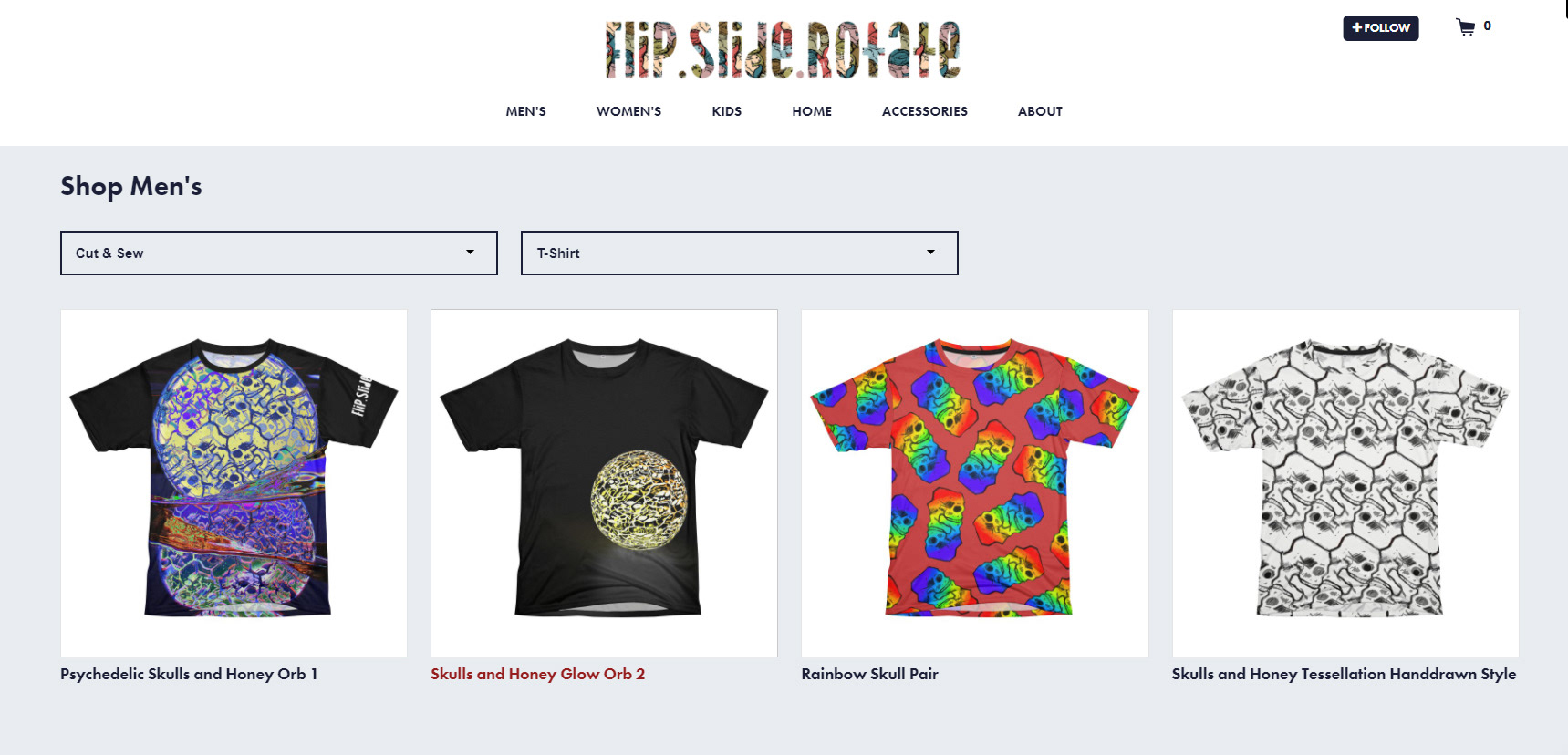 Screen shot of Nicholas Dertien's Threadless shop Flip.Slide.Rotate. Arcoss the middle of the image are four printed tee shirts. The printd tee shirt has a psycedelic skull tessellation pattern, the next printed tee shirt has a glowing orb featuring the skulls and honey tessellation pattern, next a gay pride insprired red printed tee shirt that features rainbow colored paired skulls from the skulls and honey tessellation pattern.  Finally a full print custom tee shirt filled with skulls and honey tessellation  copyright nicholas dertien