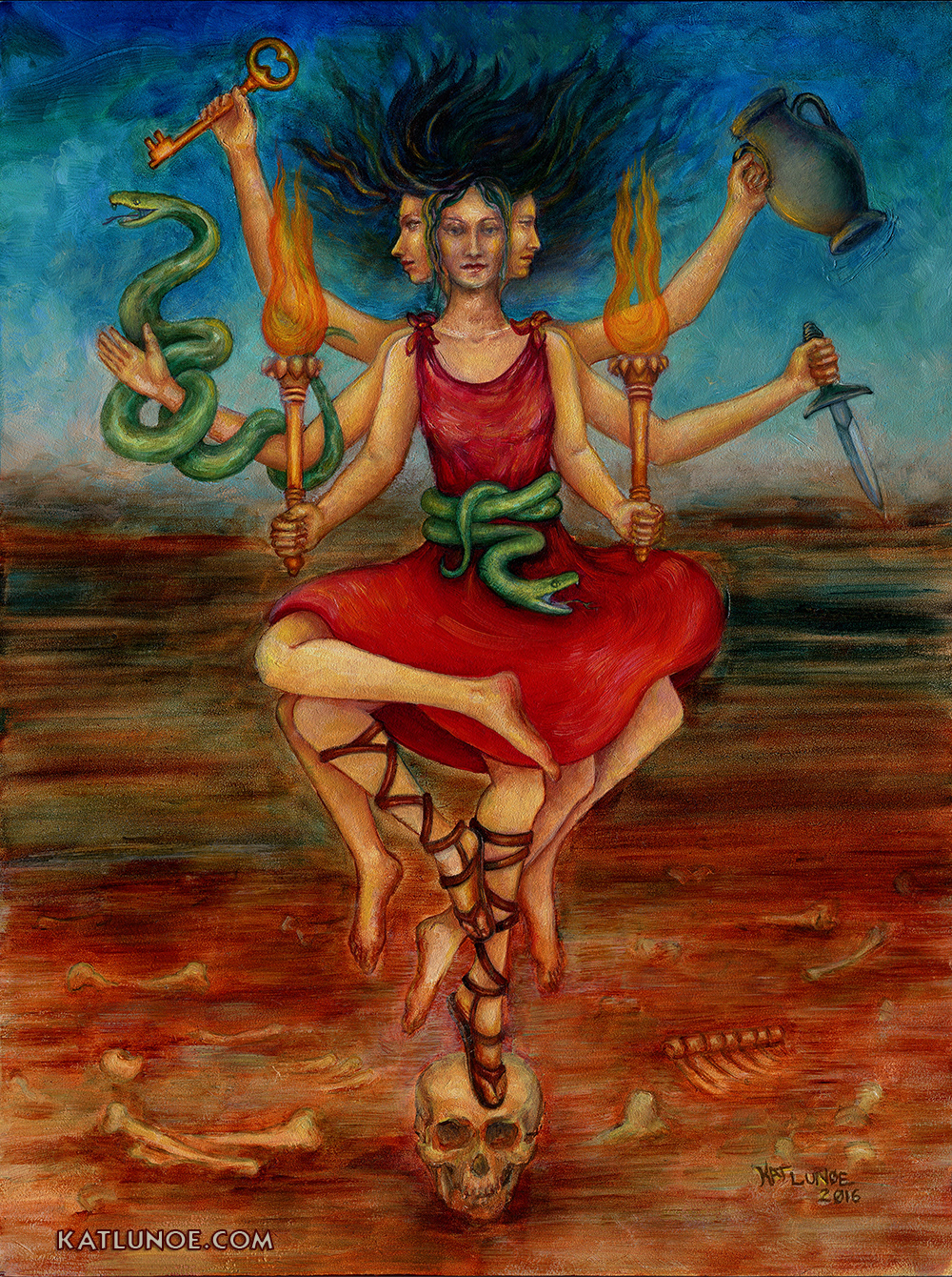 "Hekate the Three-in-One" - Private Commission based on concept by Jason Miller of Strategic Sorcery. 9" x 12" Oil on Panel.