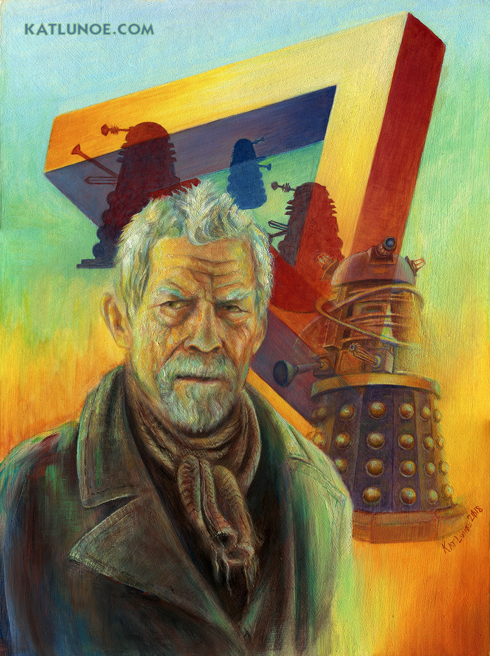 "The Enigma Dimension" - featuring John Hurt as The War Doctor. Runner-up, Big Finish Vortex cover competition. 9" x 12" Oil on Paper on Wood.