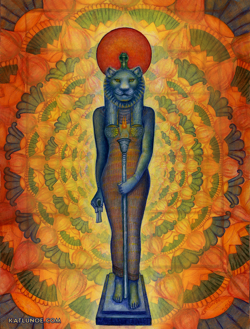 Book Cover painting for "Sekhmet: Transformation in the Belly of the Goddess" by Nicki Scully; Inner Traditions Bear & Co. 9" x 12" Oil on Panel.