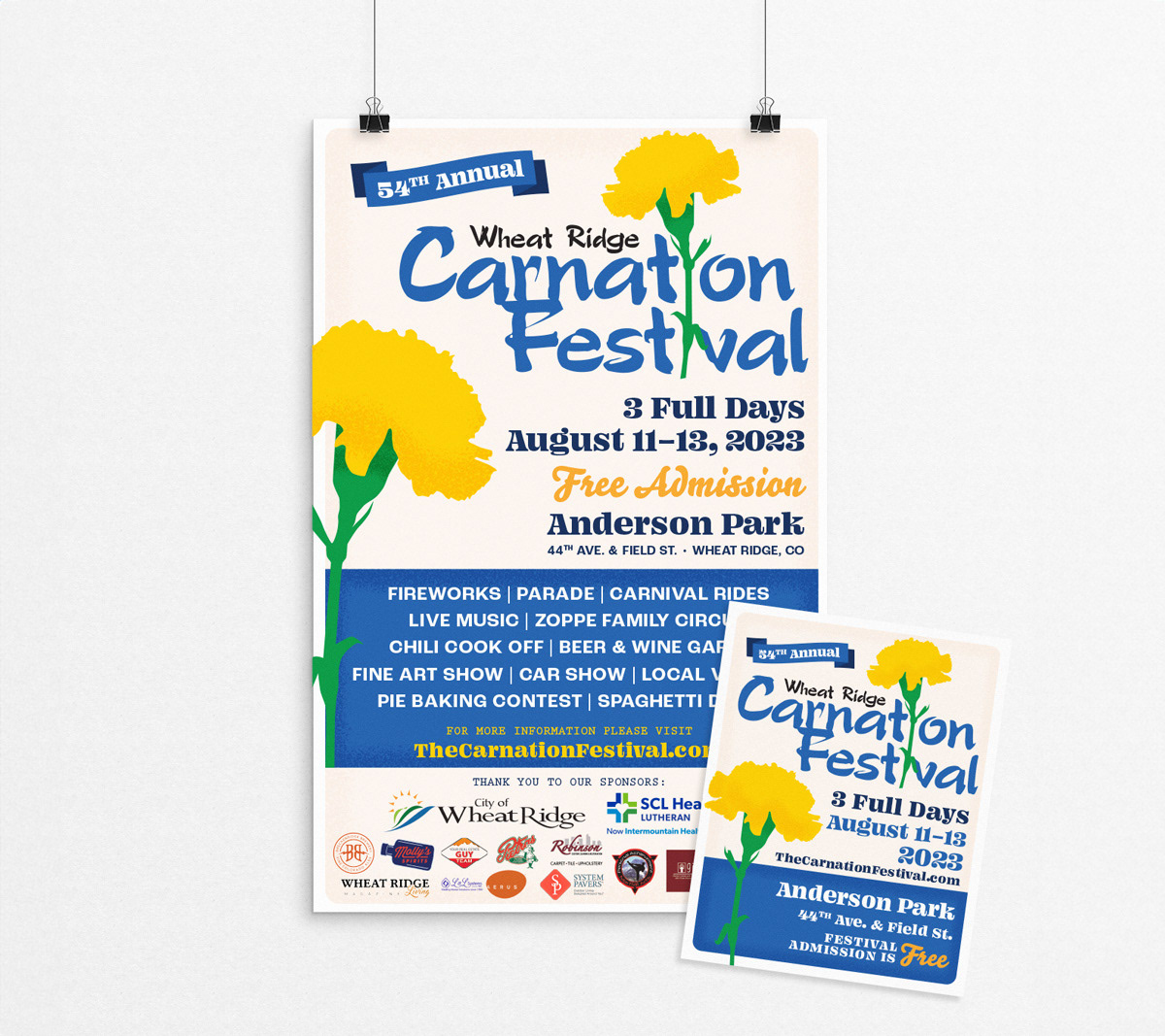 Poster and flyer design for Wheat Ridge's 2023 Carnation Festival