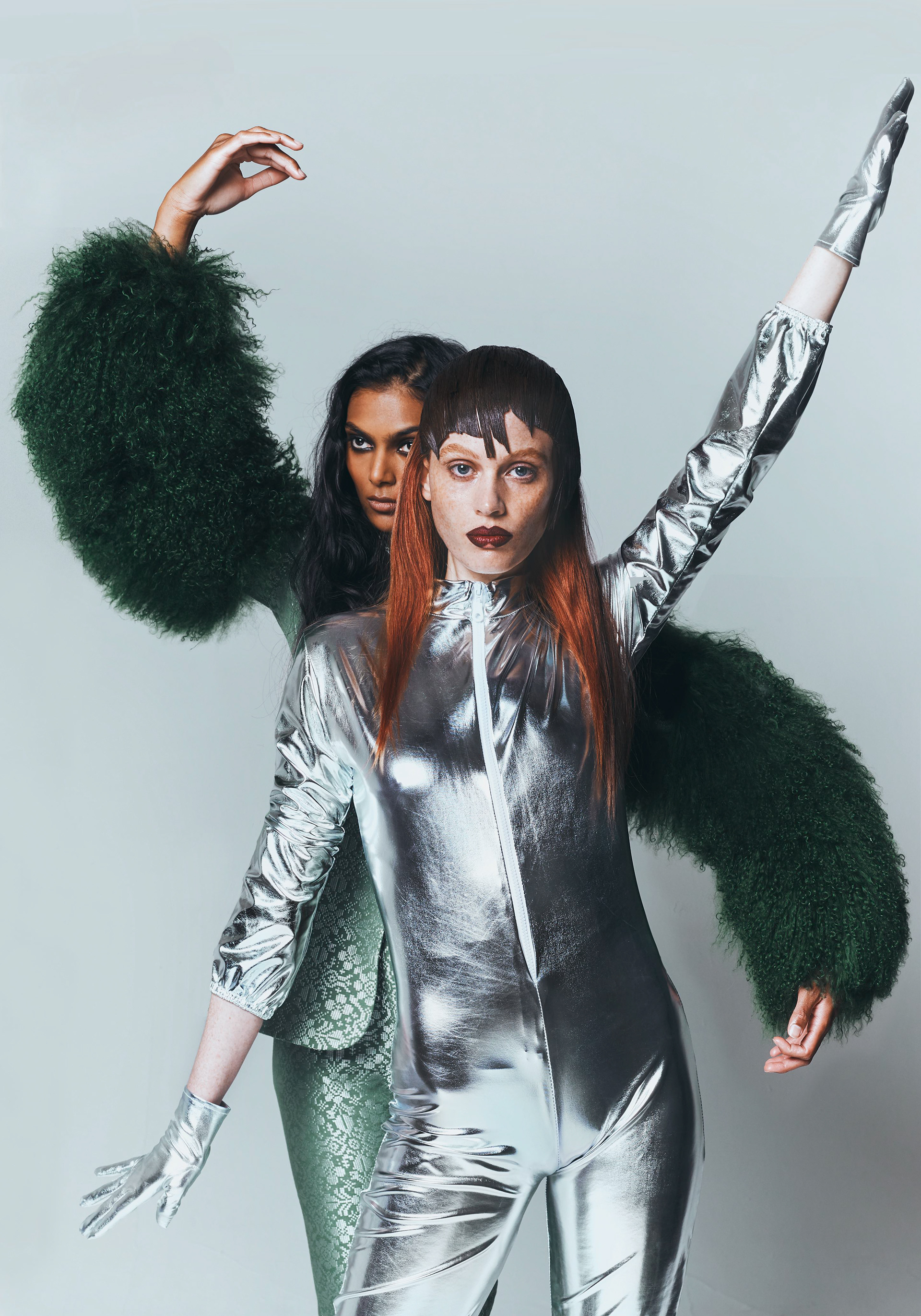LETTER X - Photographer: Robbert Jacobs / Stylist: Dorothée Evouna / Makeup Artists: Charlotte Le Balch, Fay Bio-Toura / Hair Stylists: Delphine Bonnet, Clément Billon / Model: Laura Schuller & Nicole Bux / Garments: Jacket and pants DIDIT HEDIPRASETYO, tights FALKE, Necklace OKAN STUDIO, shoes SKUA STUDIO , jumpsuit and silver gloves MAD VINTAGE, shoes BOOHOO / Typeface: Gideon designed by Phillip Block