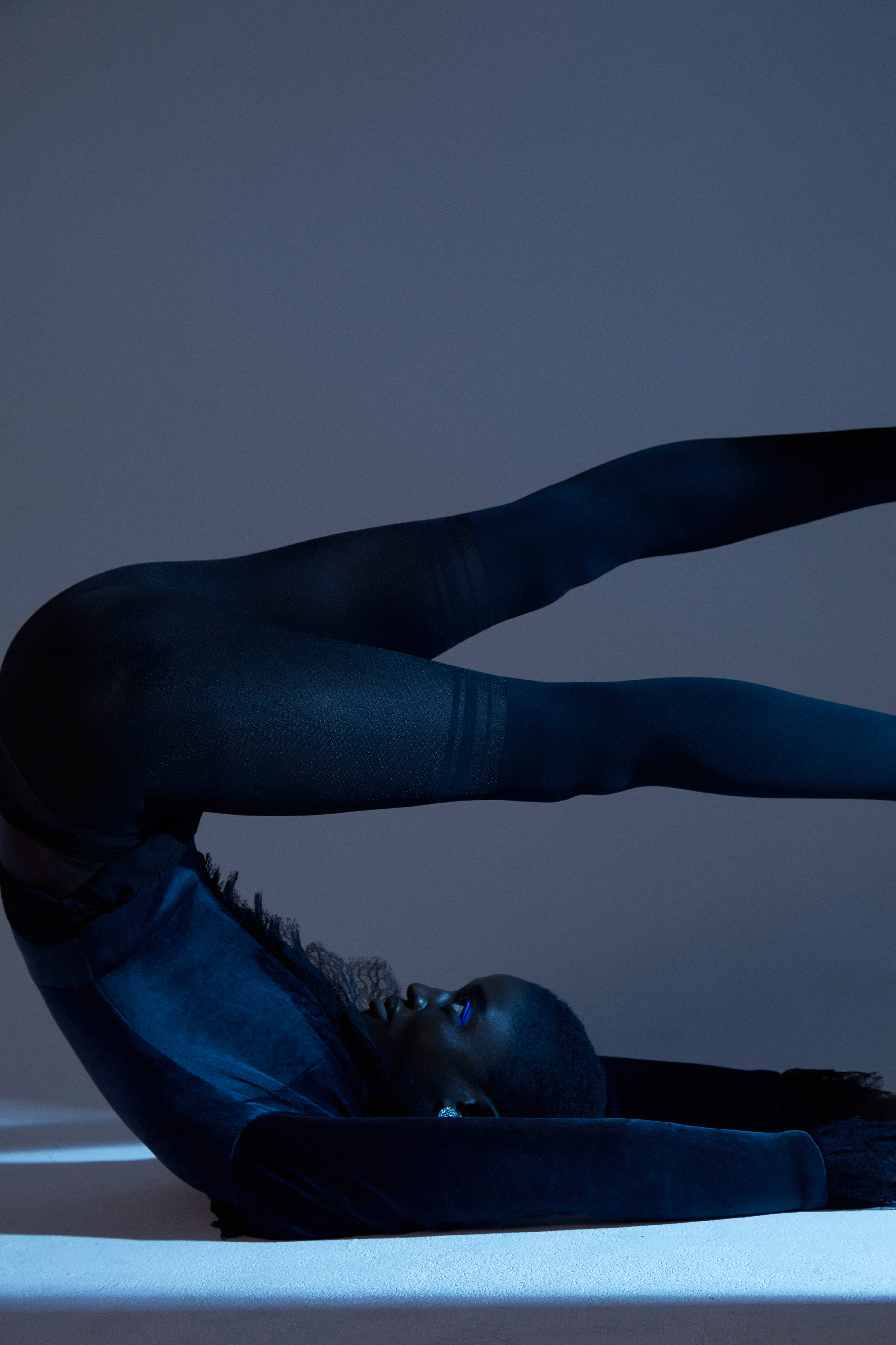 LETTER E - Photographer: Robbert Jacobs / Stylist: Isabella Aprilia / Makeup Artist: Charlotte Le Balch / Hair Stylist: Delphine Bonnet / Model: Sokhna Cisse / Garments: body ETIENNE JEANSON, tights STYLIST OWNED, shoes MINELLI / Typeface: Garaje designed by Thomas Huot-Marchand