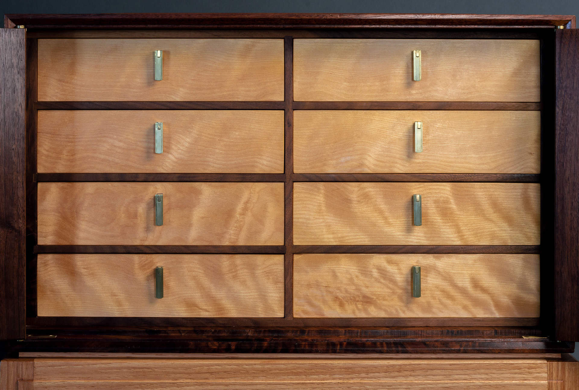 The figured birch board was layed out for the drawer fronts so the grain would be continuious.
