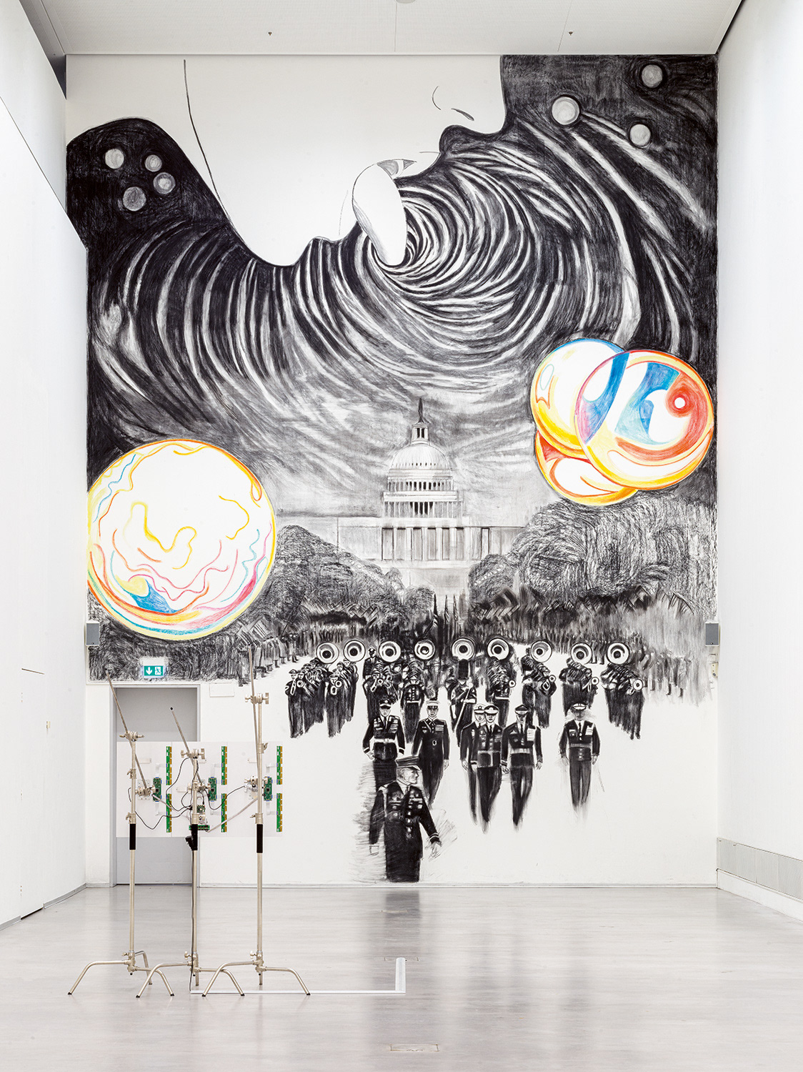 The Parade. Wall drawing, charcoal and pastel. Dimensions variable, 2020