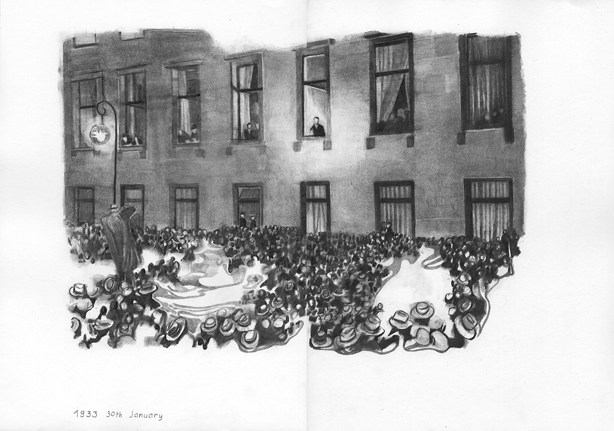 1933 30th January. Pencil on paper 42 cm x 60 cm, 2020