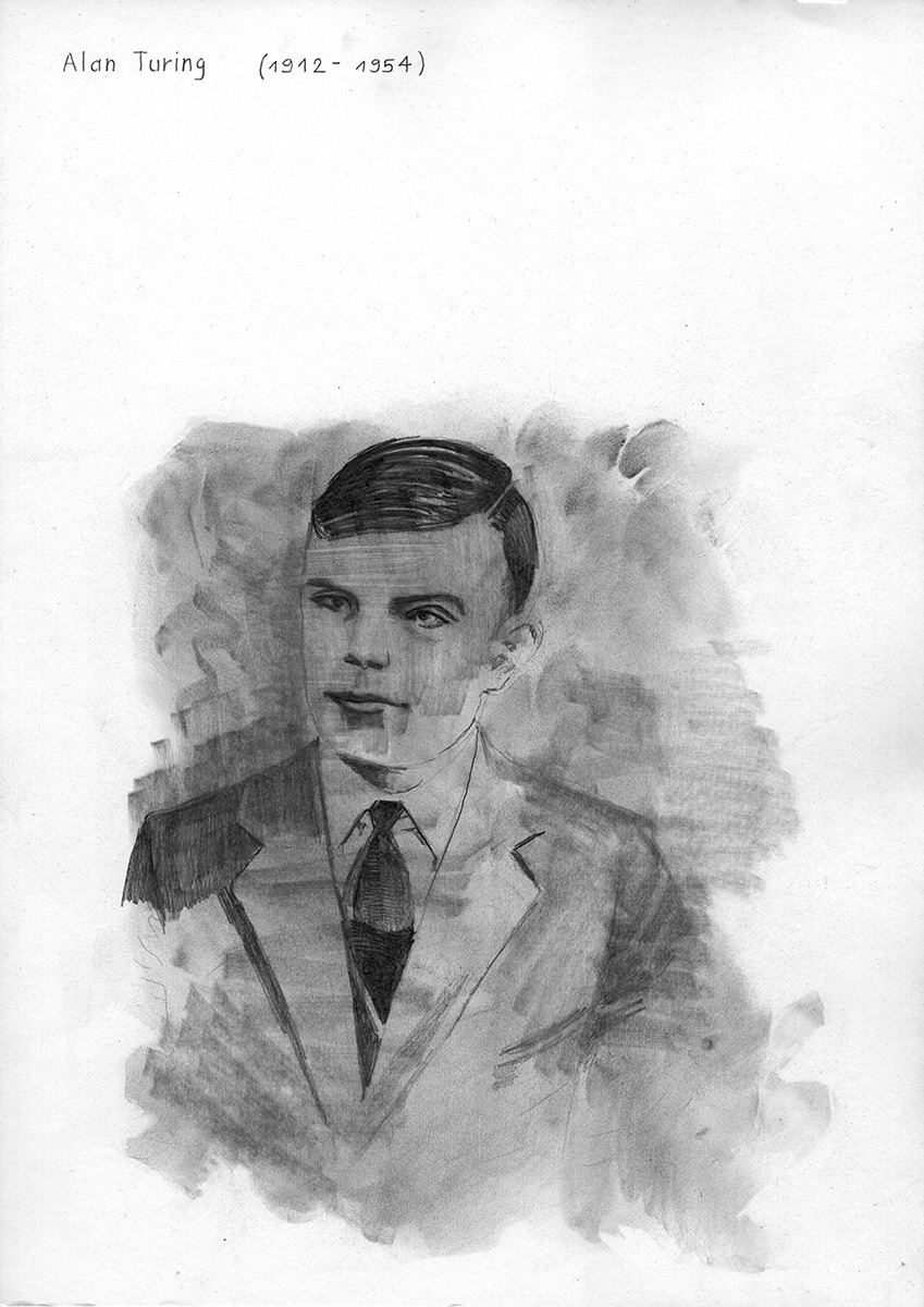 Alan Turing. Pencil and graphite powder on paper 42 cm x 30 cm, 2020