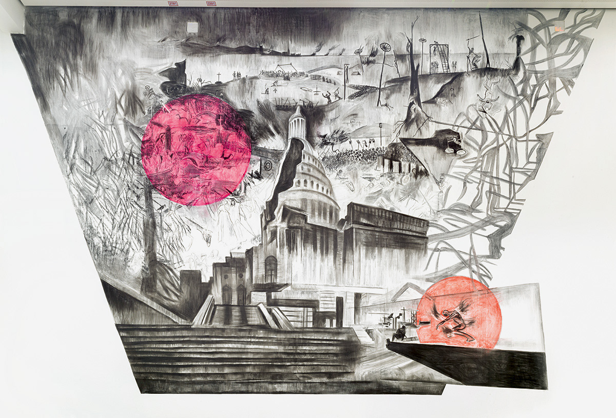 Fallout 3, The Triumph. Wall drawing, charcoal and pastel. Dimensions variable, 2020