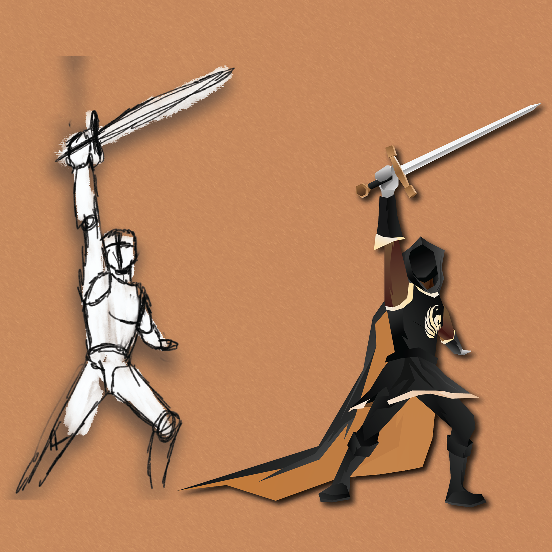 Character design of the Drum Major, the central figure of the piece. The pose is a reference to King Author wielding the legendary sword, the Excalibur. This is to tie in the fact that we are knights afterall.