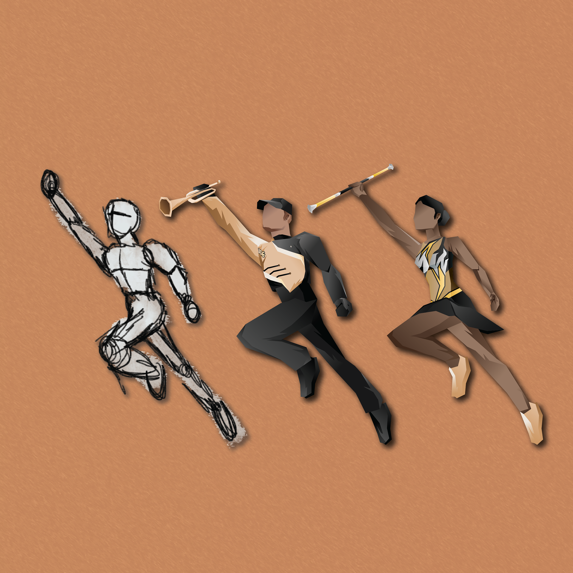 Character designs of the Marching Knights and Starlit Knight  Majorettes shown on the left side of the Drum Major.