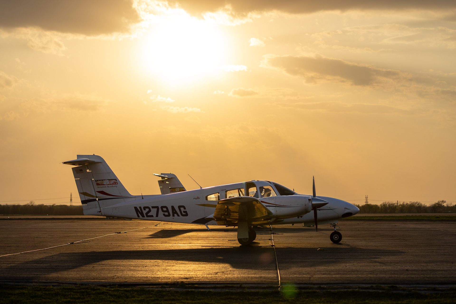 CLEARED FOR TAKEOFF- After gaining clearance, Flight Instructor Greg Hansen and his student prepare for take off ON March 25, 2025 after performing the routine maintenance checks in the PA 44 Seminole. At the Denton US Aviation Academy, flight instructors and their student pilot must perform routine maintenance checks such as, engine, brake pads, gas, windshield wipers and more before every flight.  Photo by Alaina Jones 