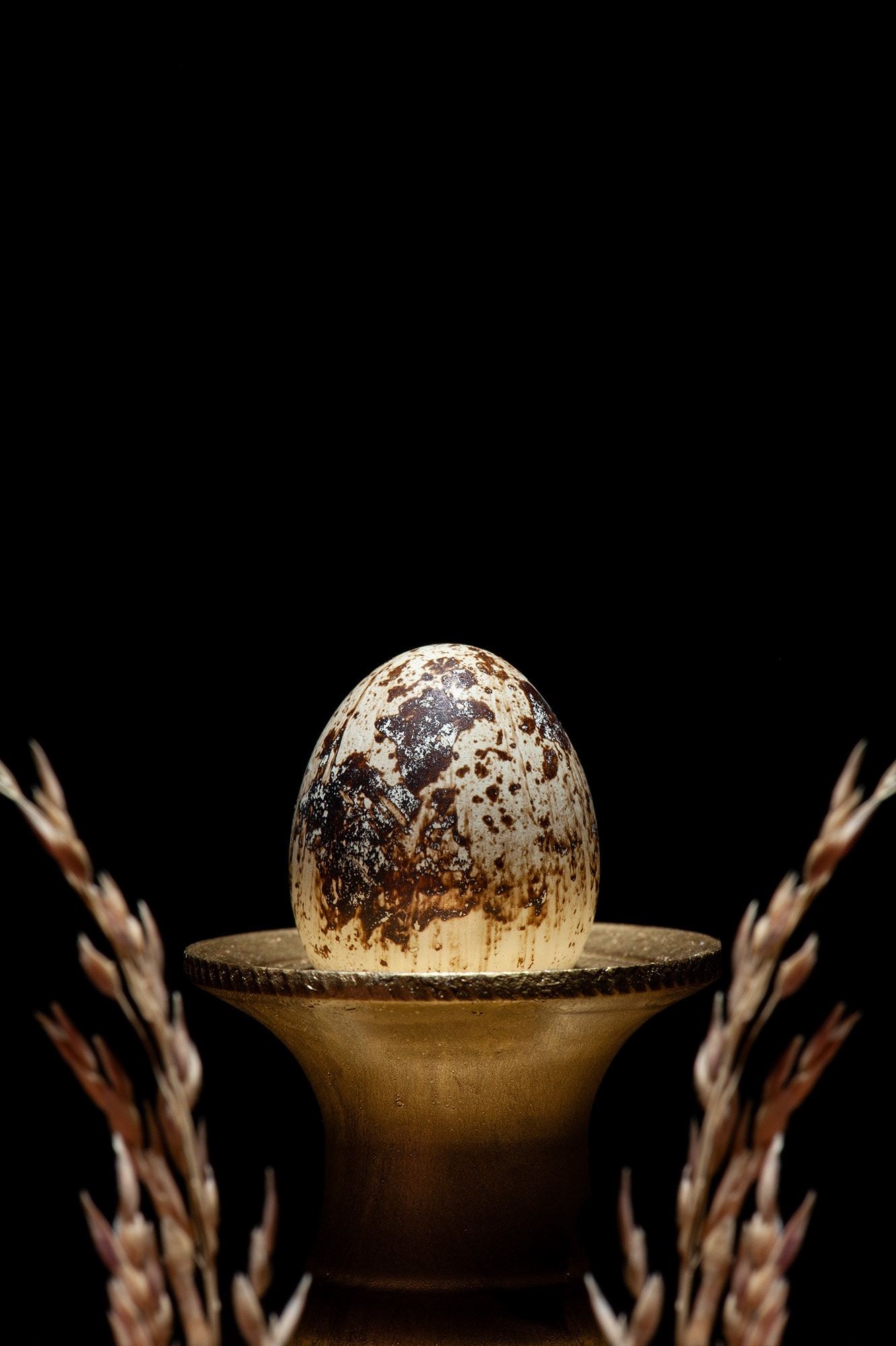 Μια υποβλητική φωτογραφία fine art food photography με ένα πιτσιλωτό αβγό ορτυκιού τοποθετημένο συμμετρικά πάνω σε μια χρυσή, μπρούτζινη βάση, πλαισιωμένο από αποξηραμένα στάχυα σε βαθύ μαύρο φόντο, από τη φωτογράφο Βούλα Γκώτη. An evocative fine art food photography piece capturing a speckled quail egg resting symmetrically on a golden bronze pedestal, flanked by dried wheat stalks against a deep black background, by photographer Voula Gkoti.