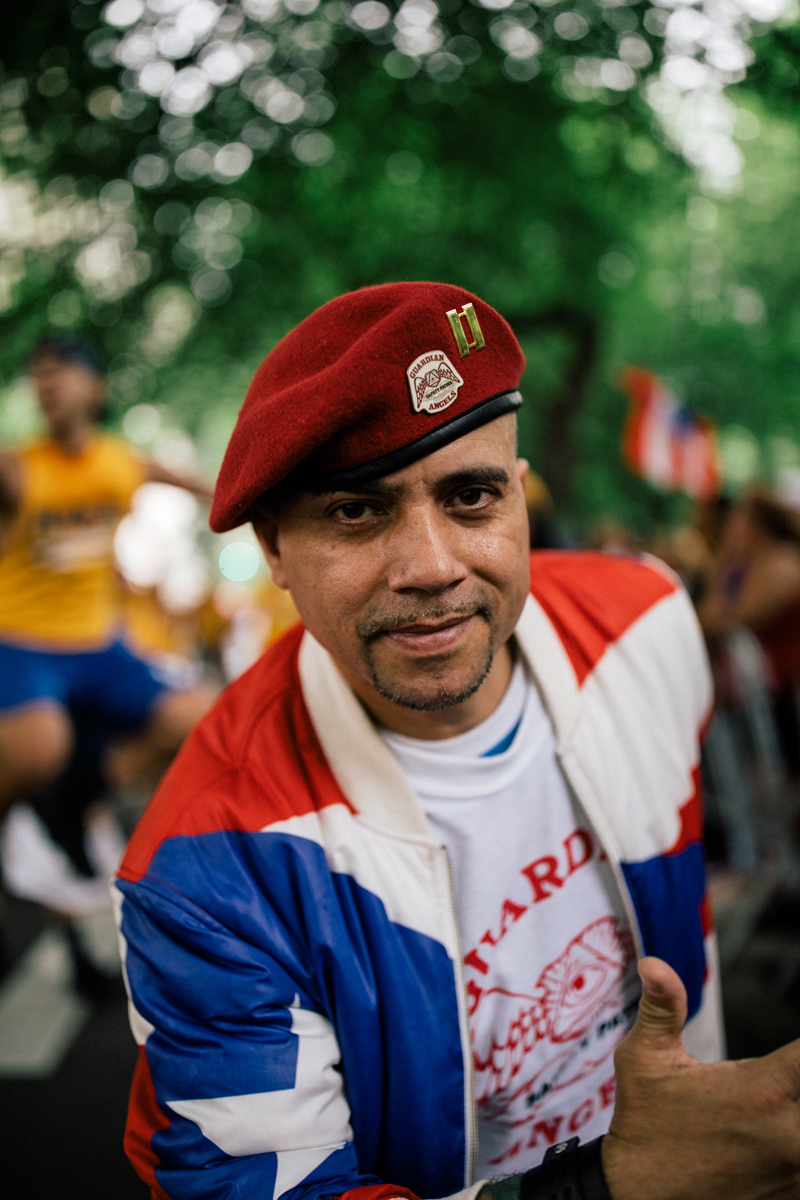 A member of the Guardian Angels displaying the rank of captain, at Fifth Avenue and East 76th Street