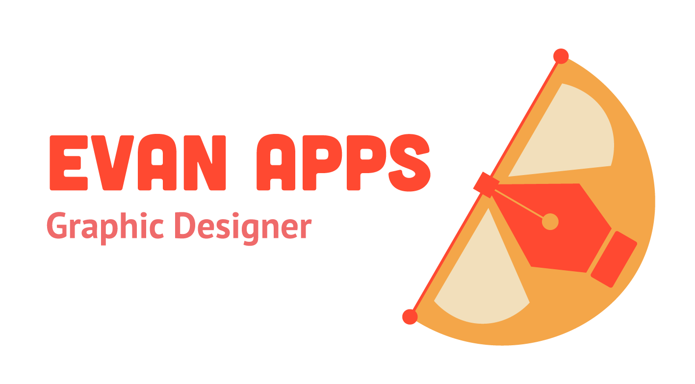 "Evan Apps Graphic Designer" with a stylish orange and pen tool logo