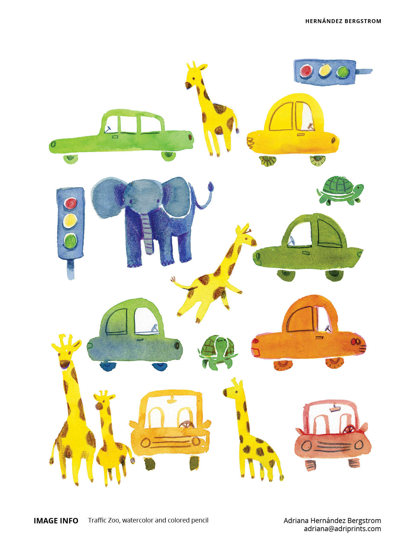 watercolor animals in traffic