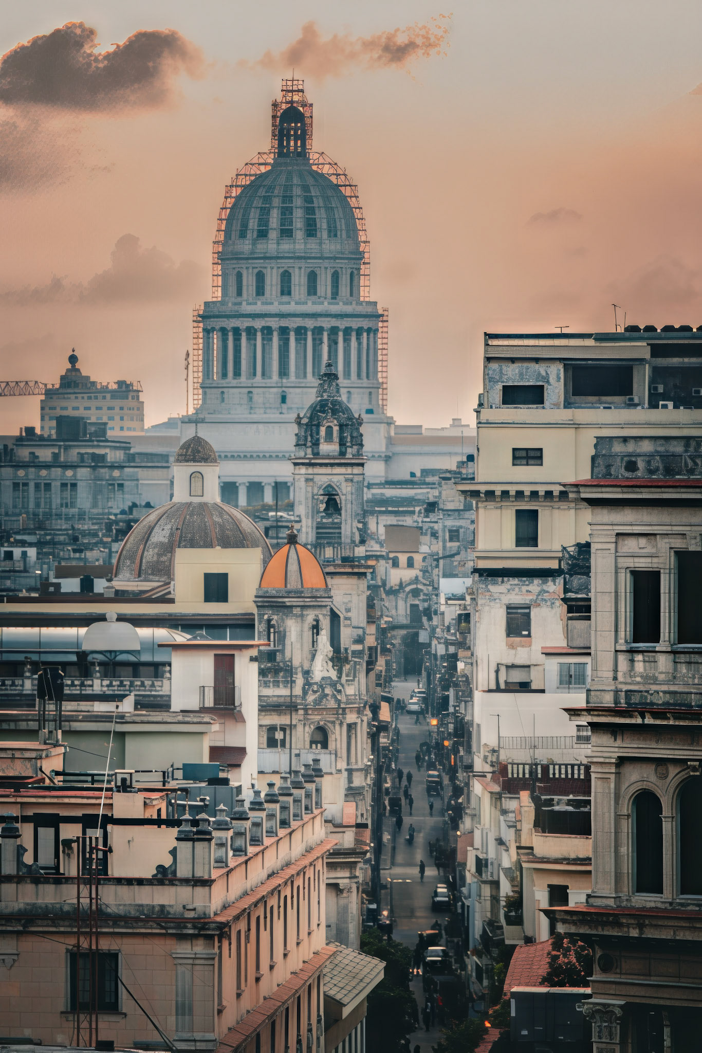 Pastel facades funnel toward the scaffold-clad Capitolio at sunset, bathed in a warm haze. Evening commuters drift beneath its watchful dome, carrying the day’s last light into Havana’s night.