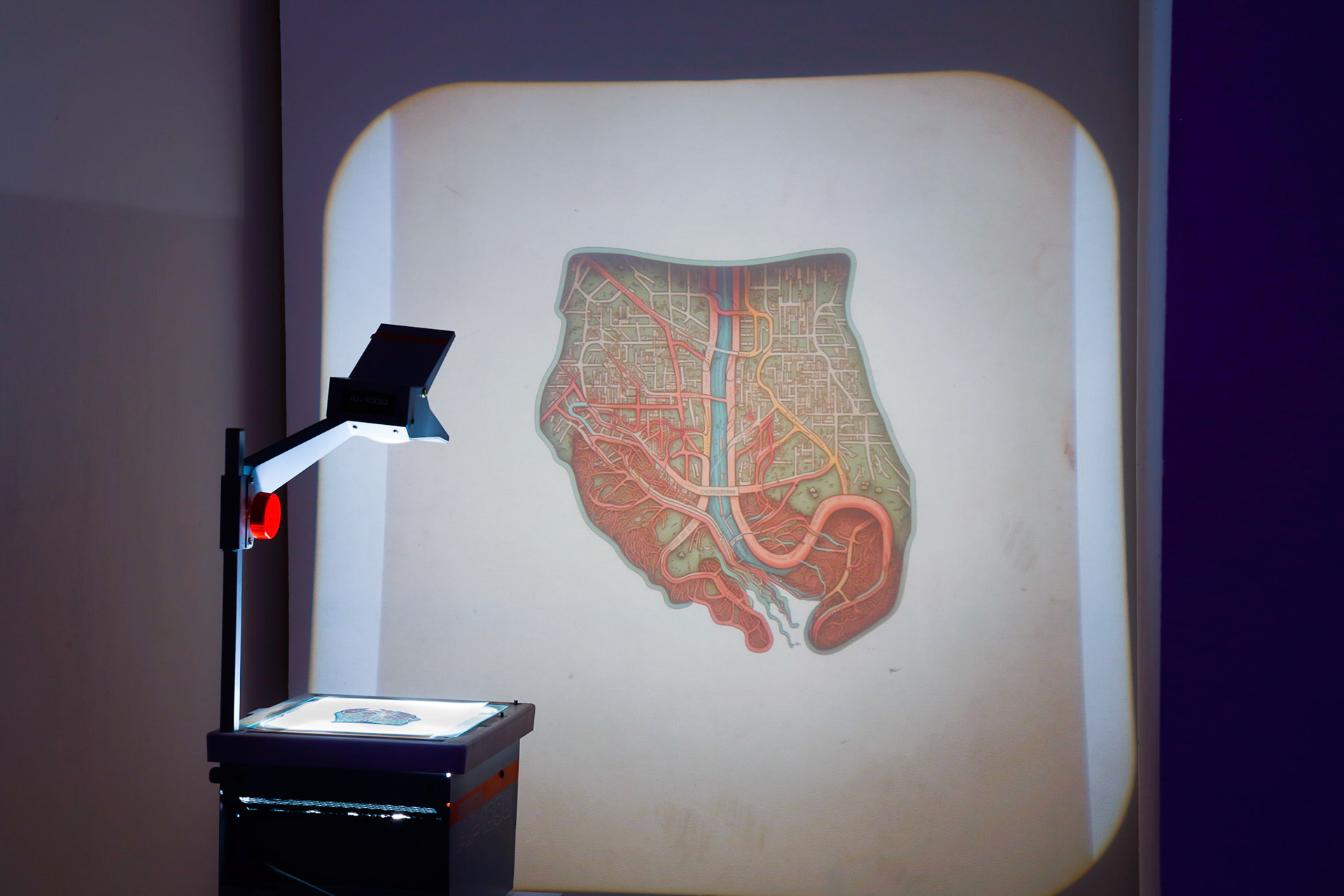 Case Study, 2023, A.I. illustrations on film, overhead projector, 117 in x 75 in x 98 in