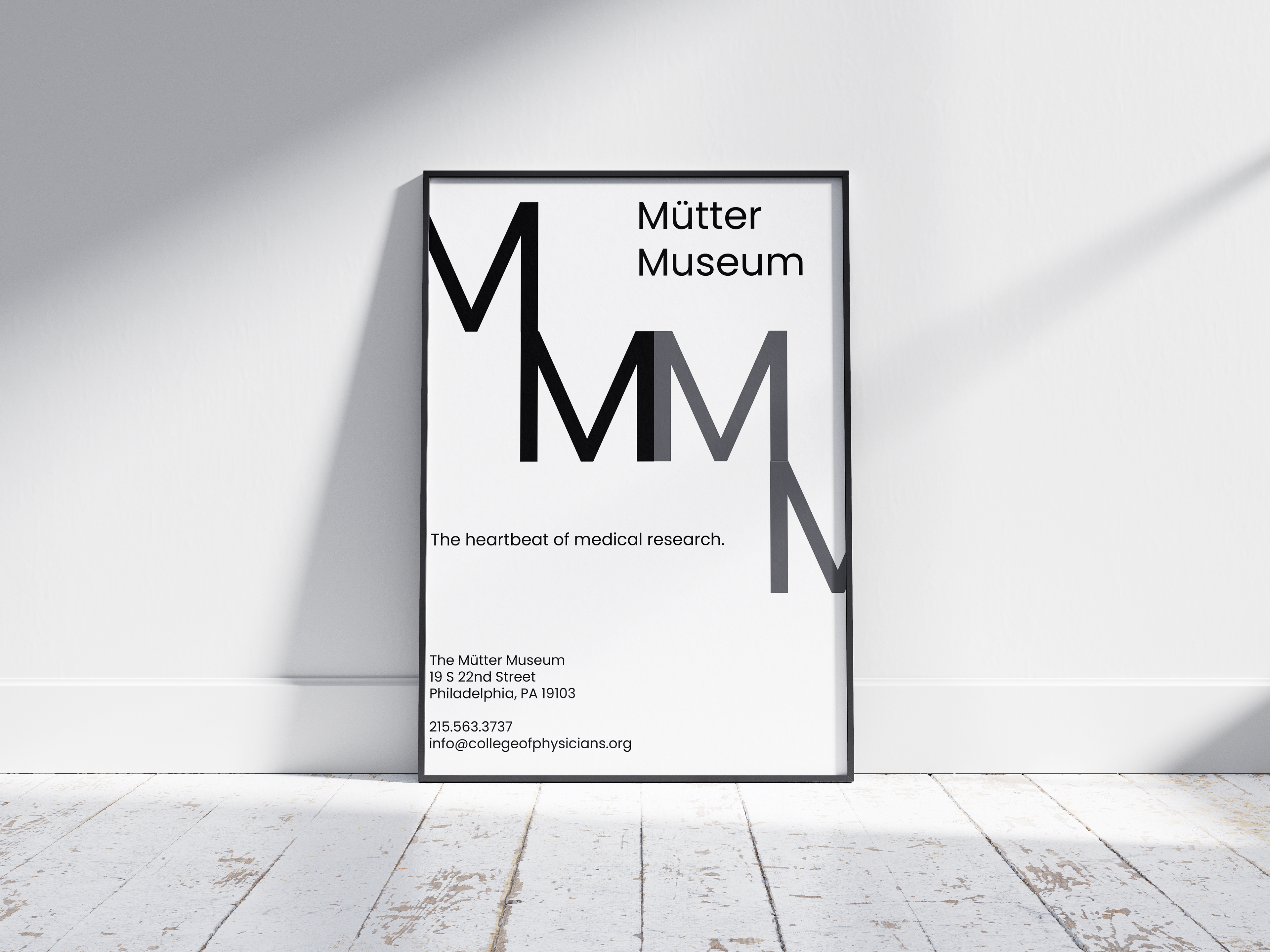 Mockup poster for museum rebranding in inDesign in 2023. This design was meant to reflect a serious, studious, research-based aspect of the museum. The feel was medical, sterile, and crisp.