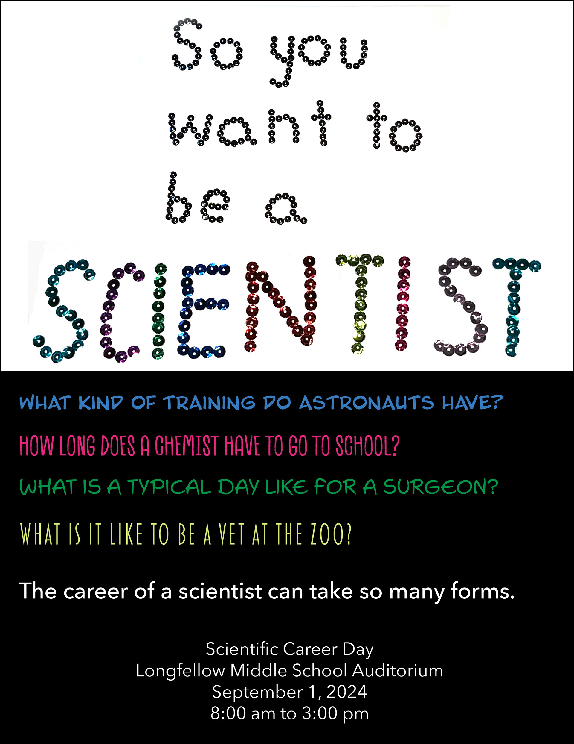 Mockup flyer using non-traditional materials, in InDesign and sequins, project for RISDCE Graphic Design certificate