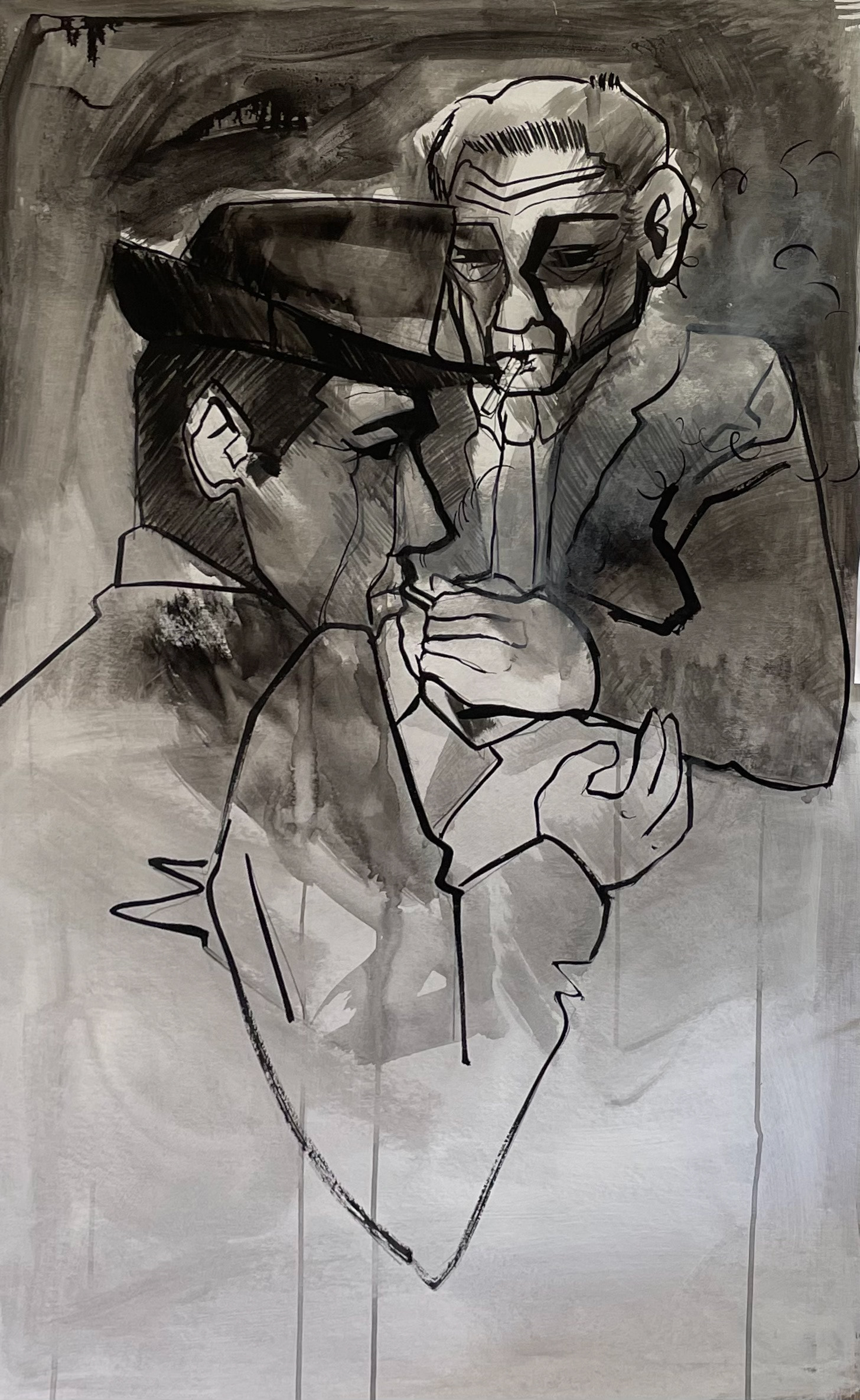 "Two Detectives Sharing a Smoke"  Ink and Gouache